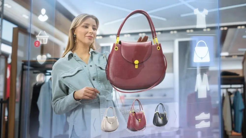 Woman buying a hand bag using AR